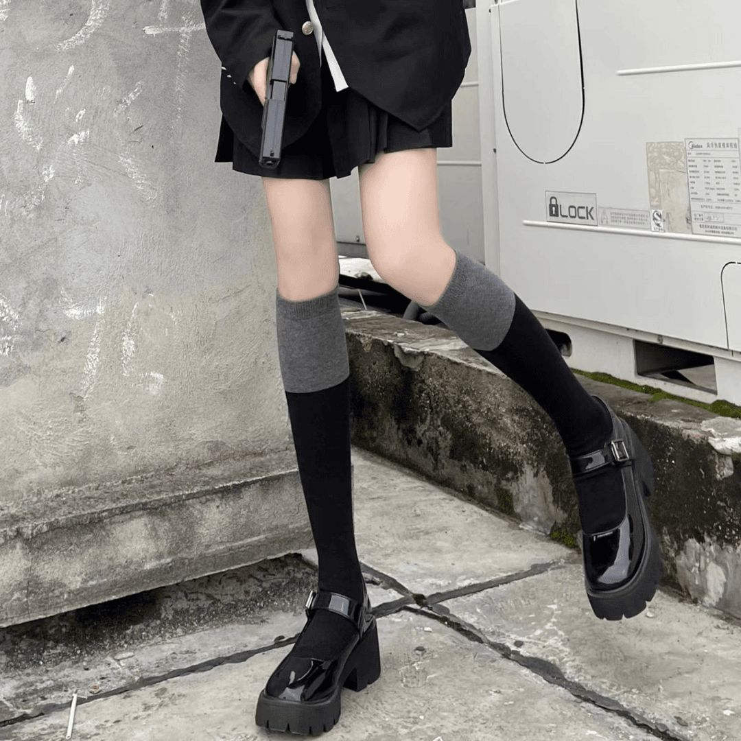 黑灰拼色小腿袜女秋冬保暖中筒袜长筒过膝袜JK学院风显瘦袜子网红