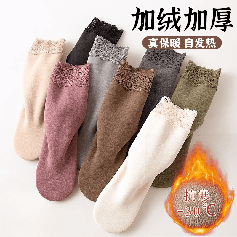 保暖德绒袜子女中筒袜秋冬季女士加绒加厚款蕾丝长袜自发热雪地袜