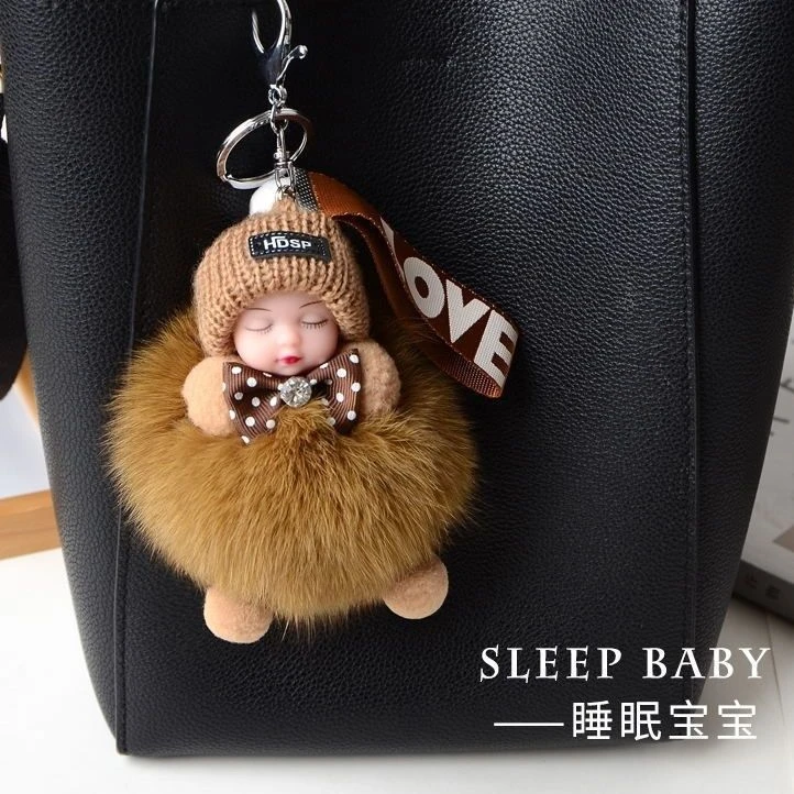 新款仿狐狸毛高级抖音网红钥匙扣睡眠娃娃包包配件毛绒挂件皮草yj