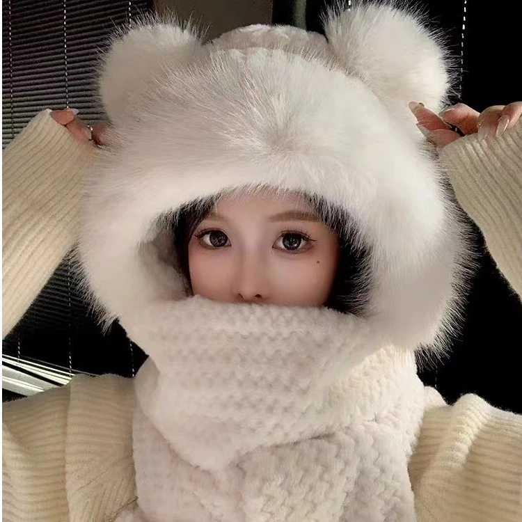 可爱创意小熊毛绒帽子围巾手套一体女秋冬季百搭防寒护耳连帽