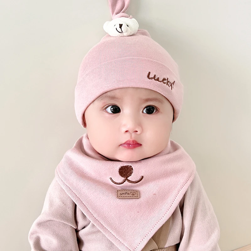 婴儿春秋款棉布套头帽可爱萌婴幼儿男女宝宝纯棉保暖帽子围嘴套装