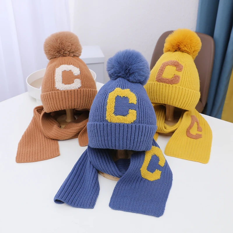 儿童帽子冬季男童围巾套装字母保暖防风女童针织毛线帽韩版宝宝帽