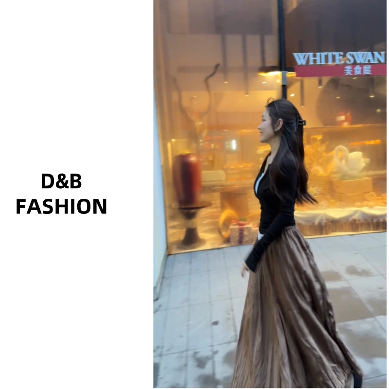 新款韩系百搭褶皱丝绒松紧腰半身裙