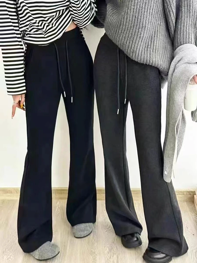 冬季加绒加厚休闲裤松紧腰抽绳宽松显瘦百搭微喇裤