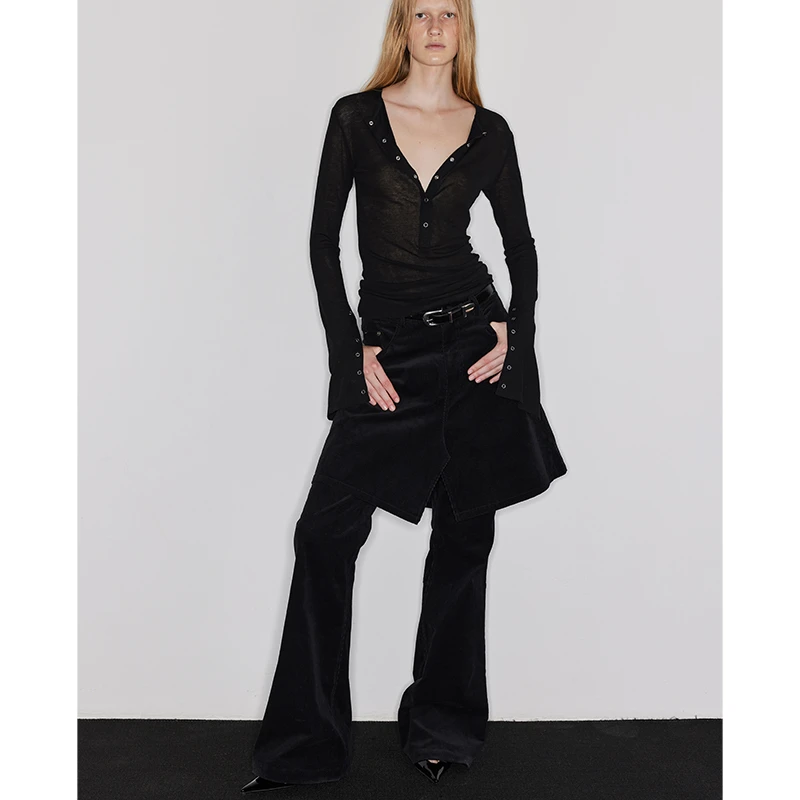 WEARABLE EVENT假两件灯芯绒微喇裤