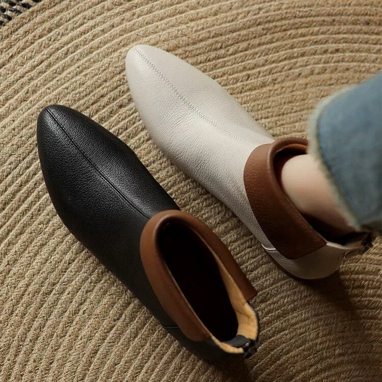 软皮短靴女单靴粗跟中跟马丁靴英伦风小裸靴妈妈靴子2024秋季新款