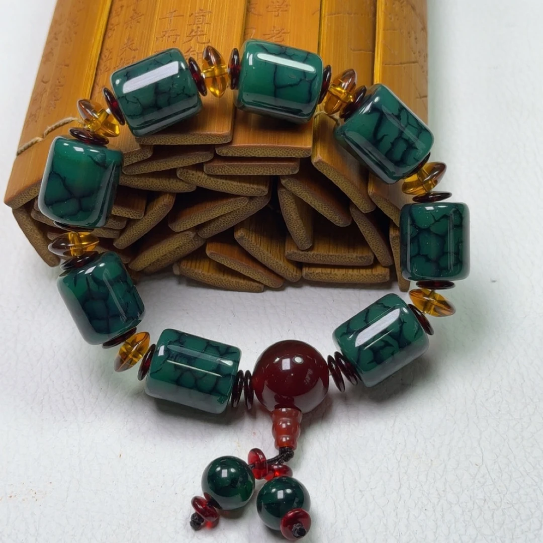 藏式绿色龙纹开片路路通手链霸气男款