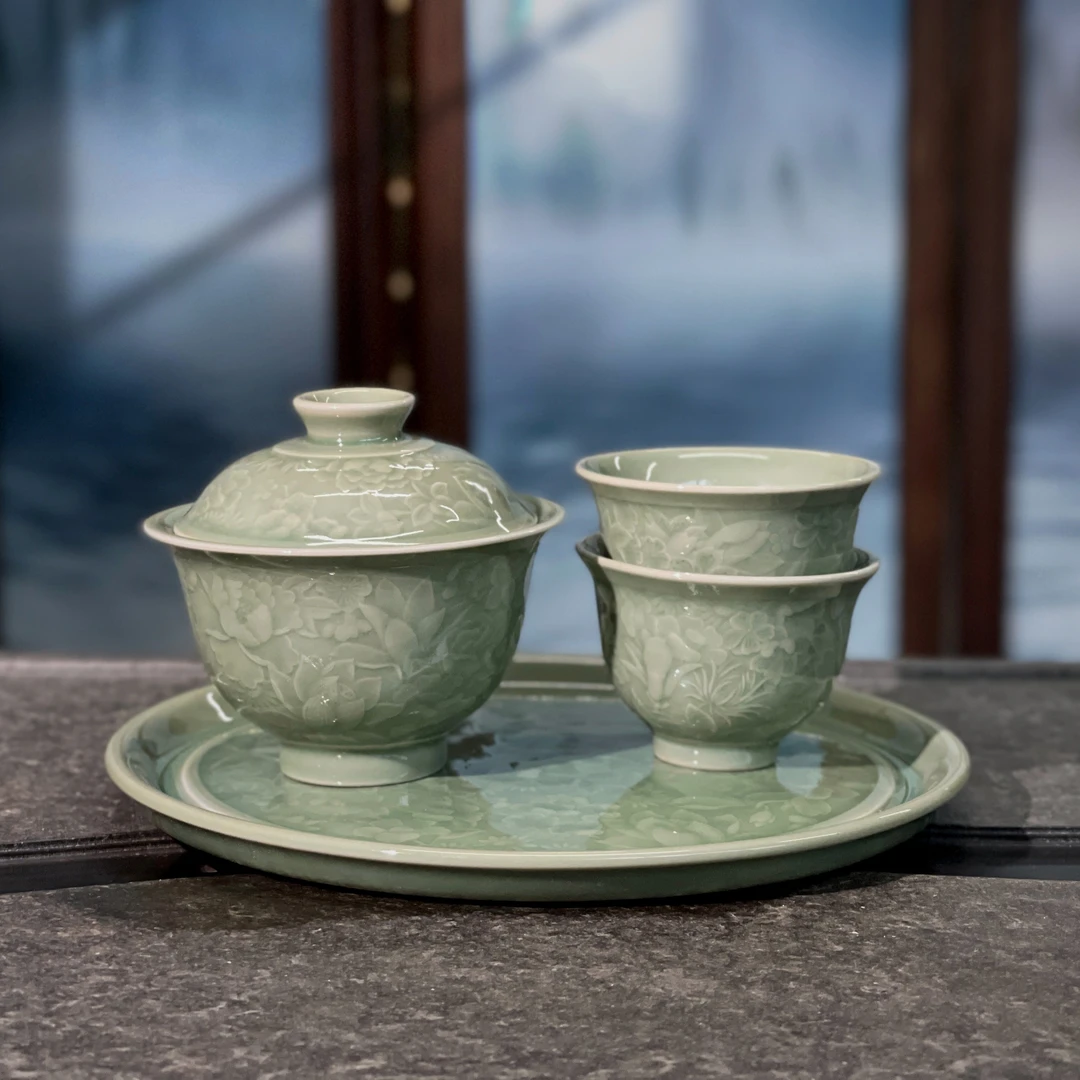长安知己耀州窑原矿高温青瓷百花不落地浮雕茶盘盖碗套装150ml