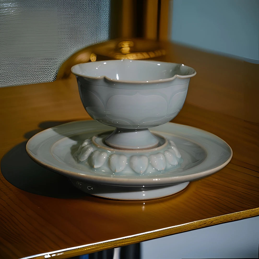 长安知己耀州窑青瓷手工刻花淡天青釉盏托花口杯套装杯碟主人杯