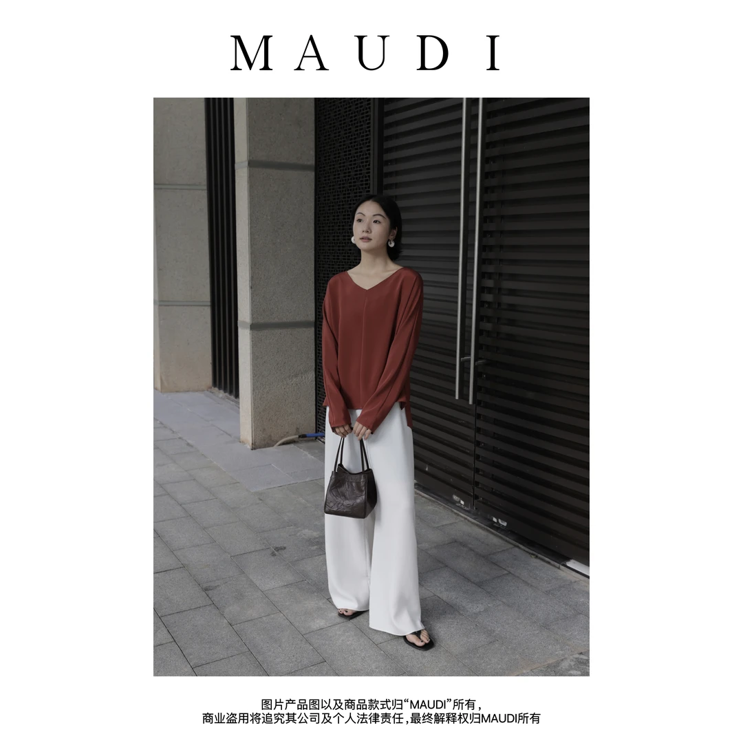 MAUDI【红色真丝v领】小V领红色28姆米真丝优雅气质连袖上衣8056