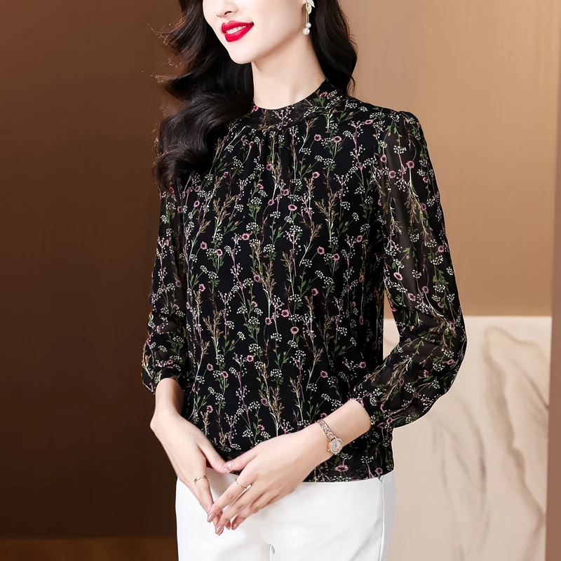洋气网纱打底衫女2025时尚妈妈秋装长袖T恤内搭上衣显瘦印花衫
