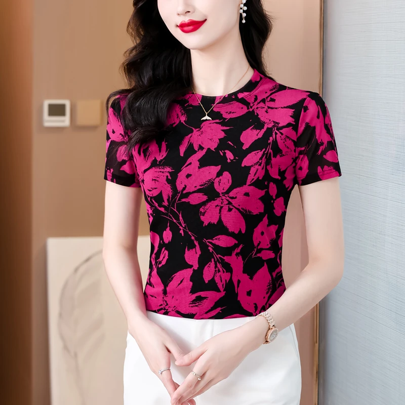 2025夏季新款圆领短袖T恤女士时尚洋气印花舒适上衣气质显瘦小衫