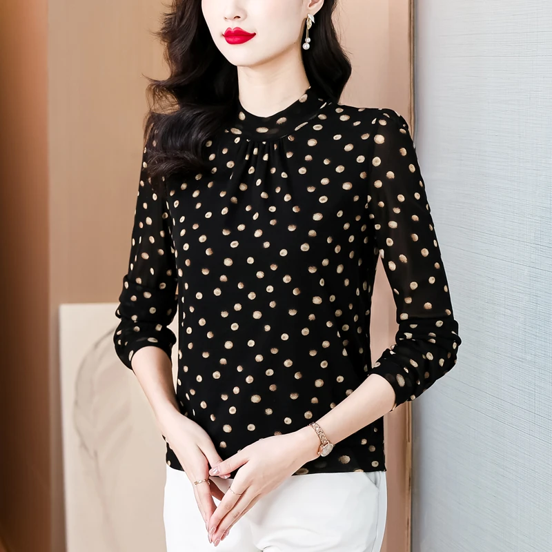 秋季新款长袖打底衫圆领T恤时尚波点印花上衣气质显瘦洋气妈妈装