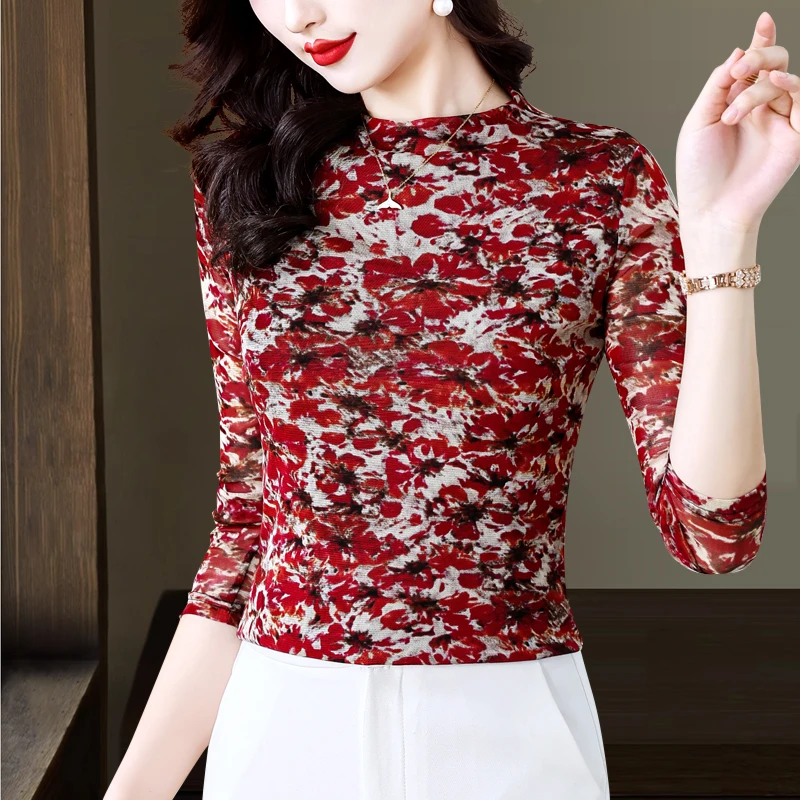 2025春季新款长袖打底衫时尚印花洋气显瘦上衣气质舒适设计感小衫