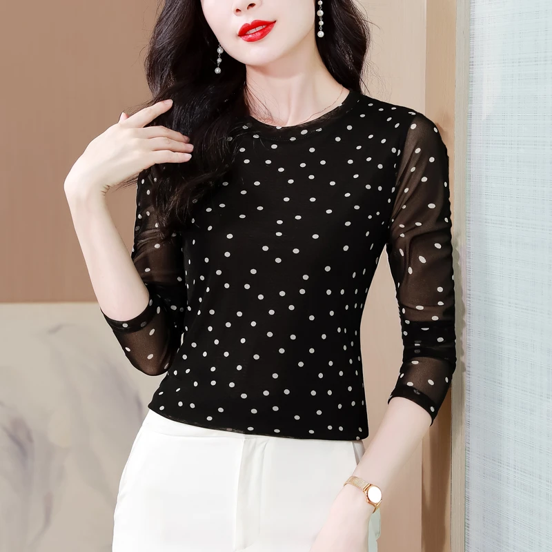 2025春季长袖圆领显瘦打底衫时尚波点印花女士上衣洋气套头小衫