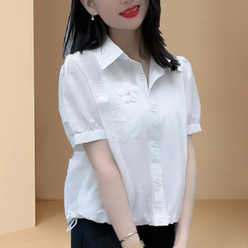 时尚短袖衬衫女夏季新款设计感宽松洋气减龄高级感短款POLO领衬衣