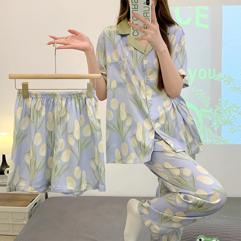 艾唯绅郁金香睡衣女2024新款冰丝短袖网红三件套ins风少女家居服