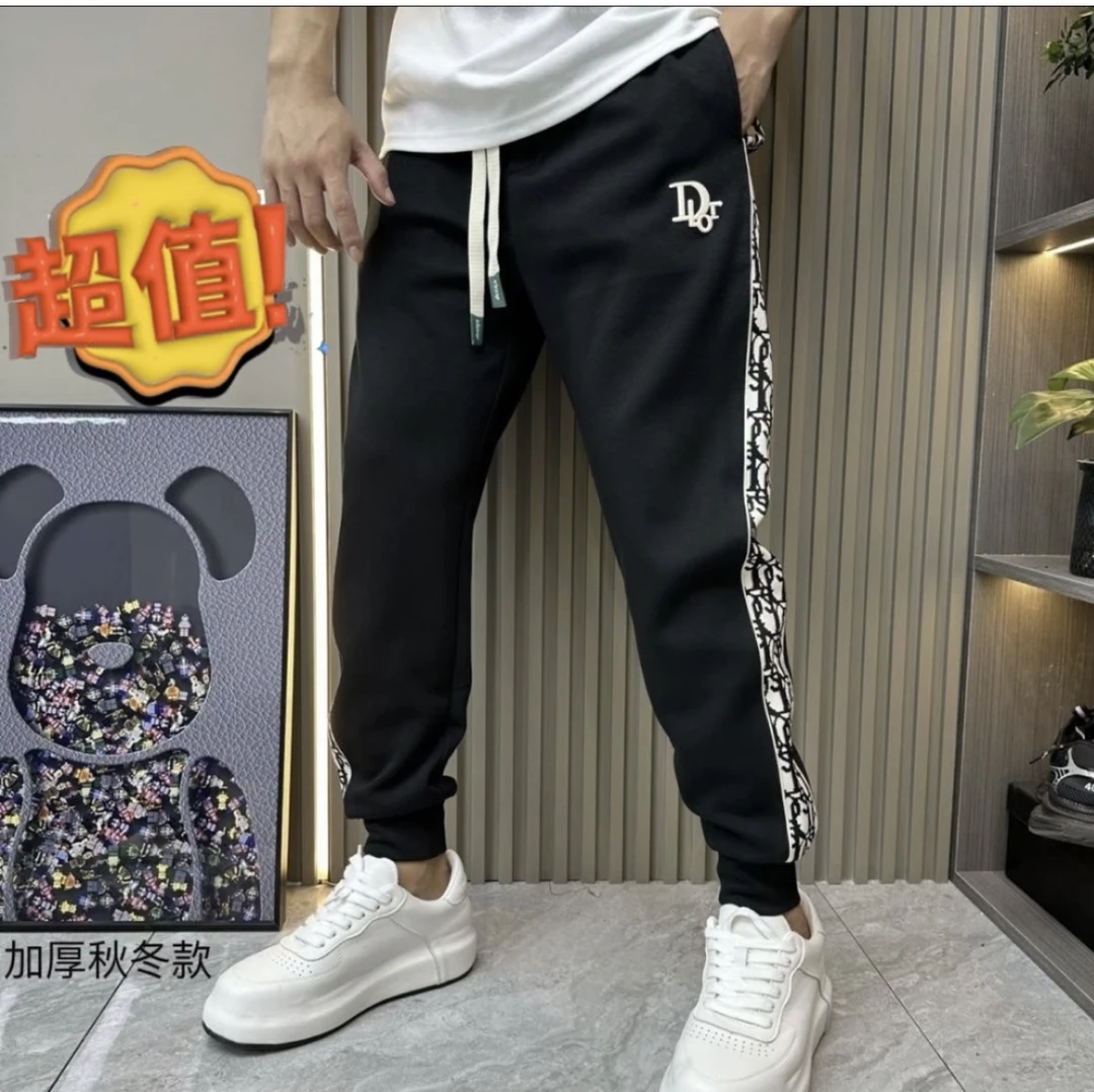 秋款加厚黑色男士条纹拼色刺绣休闲裤修身百搭束脚裤潮流秋季新款