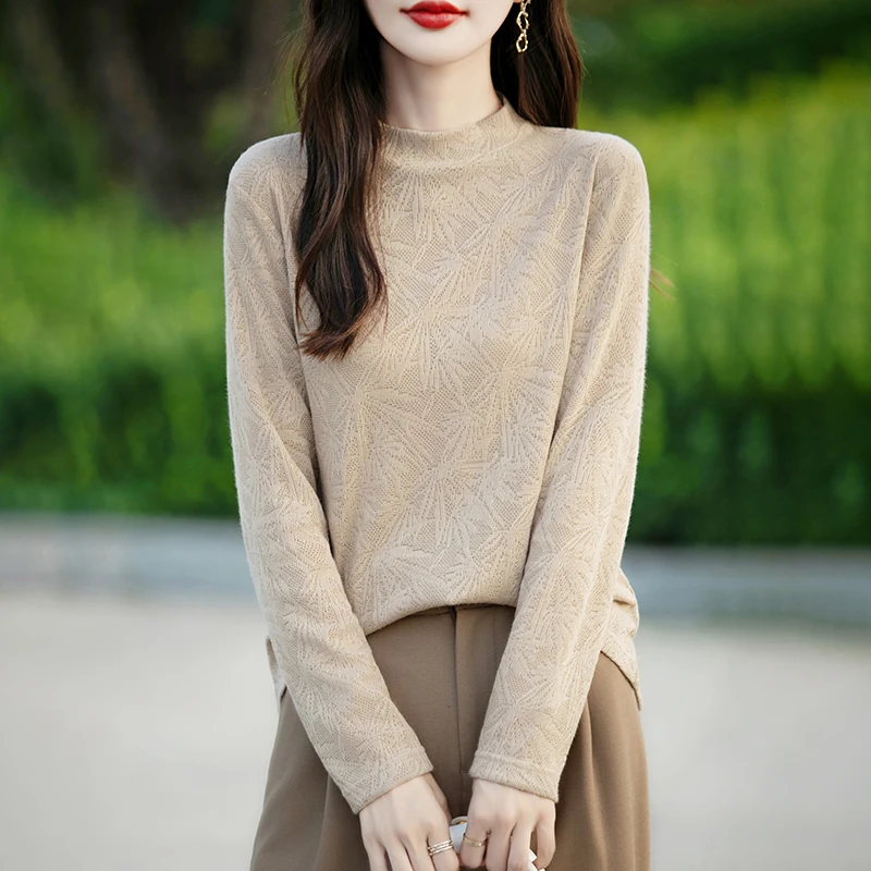 国风女士打底衫【如花】圆领纯色气质款百搭提花高级女士针织衫