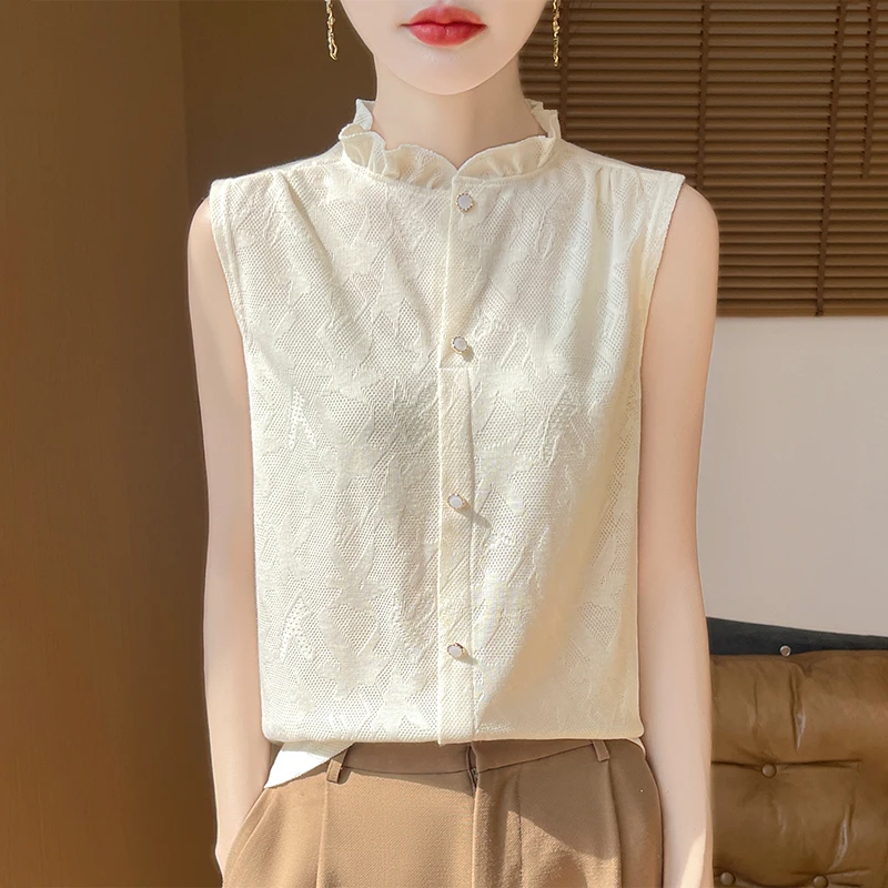 木耳边无袖女士打底衫法式赫本风珍珠扣提花内搭纯色内搭女式背心
