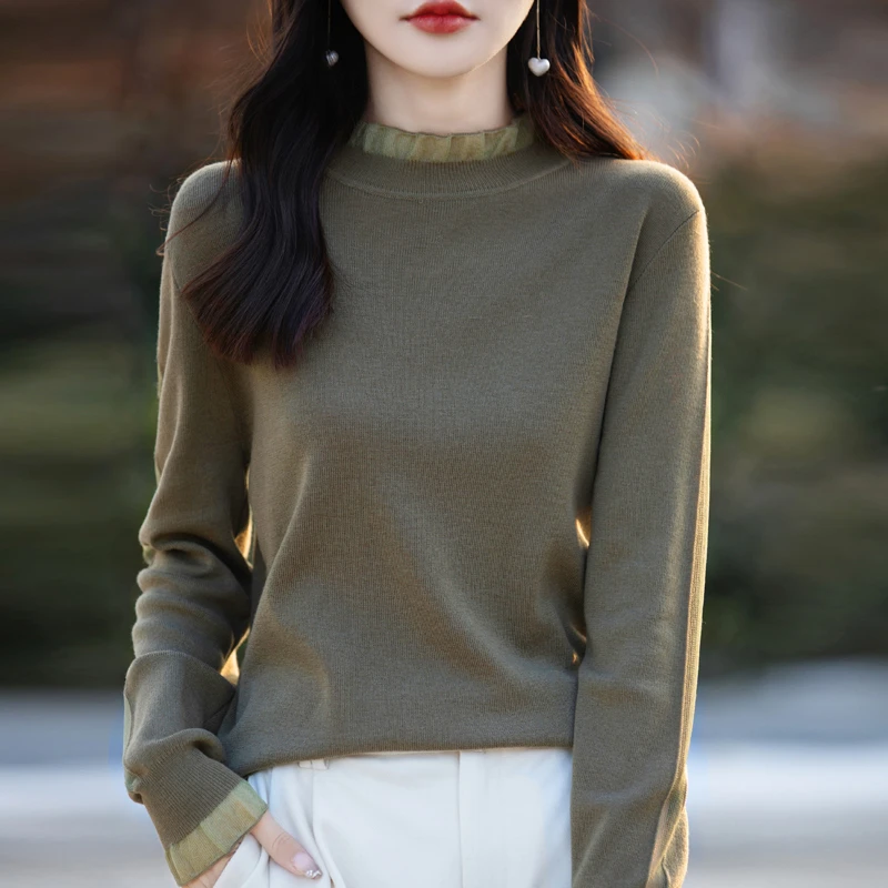 【精致感】秋冬蕾丝花边领洋气百搭减龄精纺羊毛蕾丝袖宽松打底衫