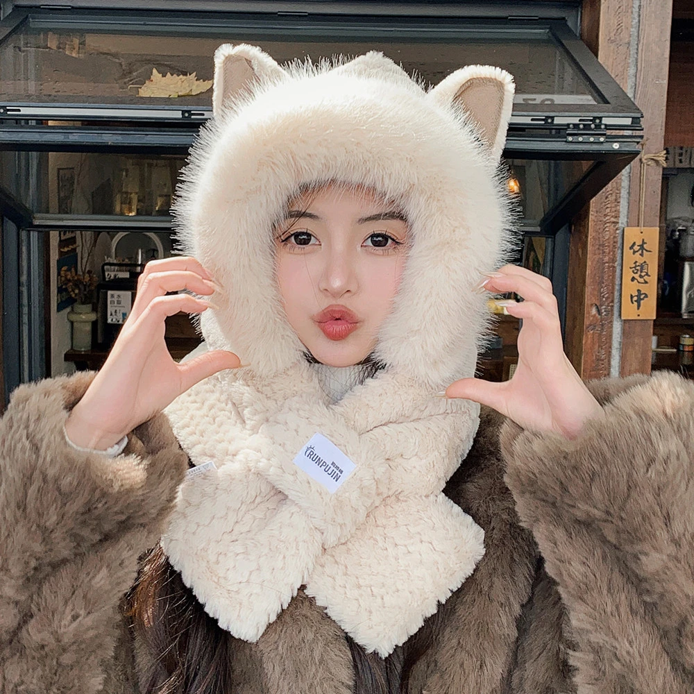 帽子女款2023新款狐狸耳朵可爱毛绒冬季骑车电动车围脖围巾一体帽