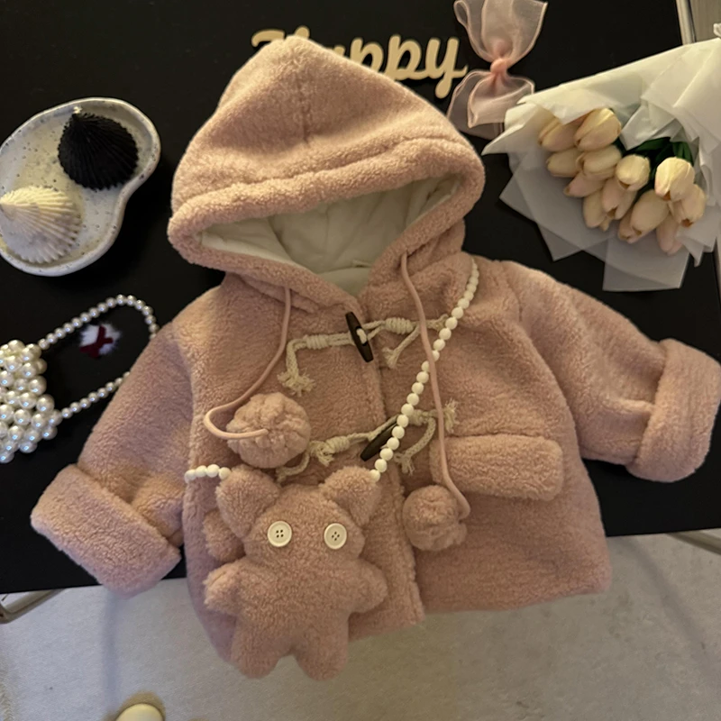 童装女童2024新款冬装女宝宝加绒加厚毛毛衣外套小童连帽棉衣上衣