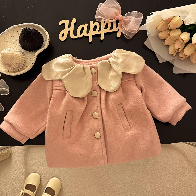 童装女童2024新款冬装女宝宝加绒加厚花瓣领大衣外套小童韩版风衣