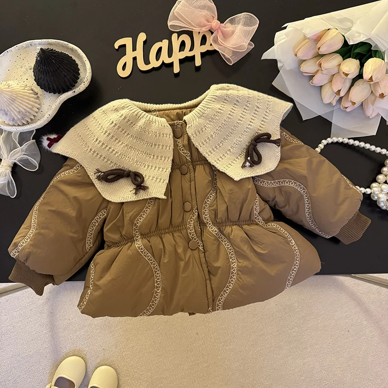 童装女童2024新款女宝宝娃娃领保暖加绒加厚棉衣儿童拼接洋气外套