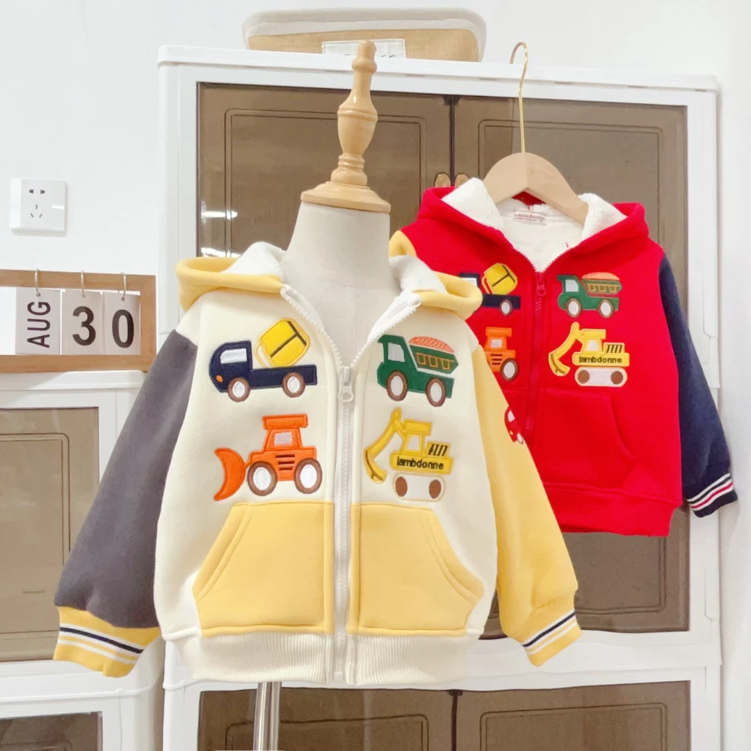 儿童秋冬加绒加厚工程车外套男女童休闲保暖宝宝卡通洋气上衣1473
