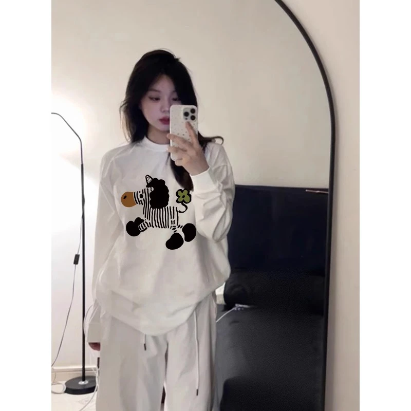 美式慵懒白色纯棉长袖打底衫女秋小个子百搭oversize显瘦t恤上衣