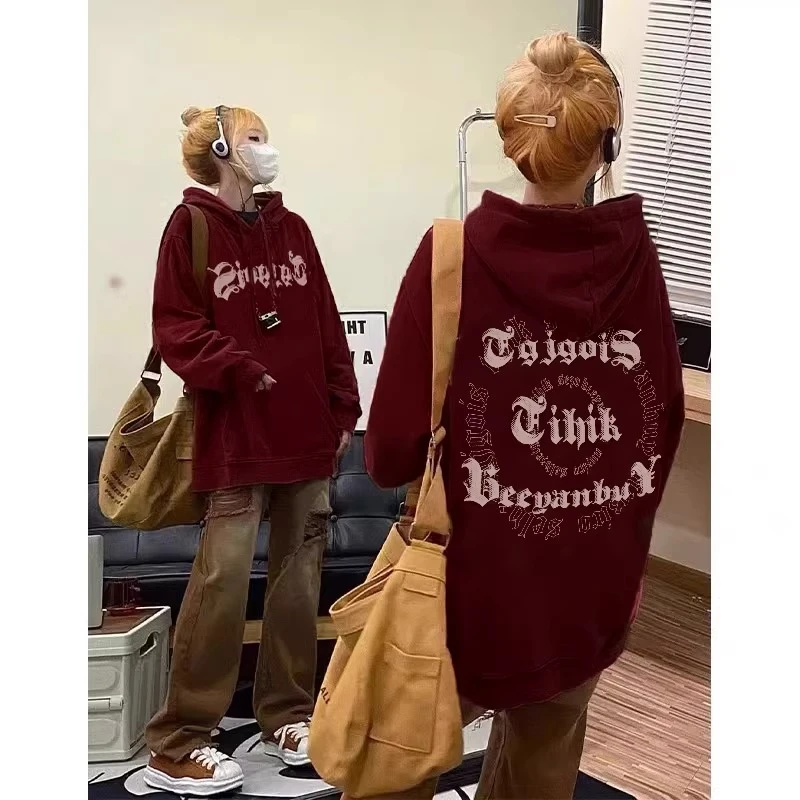 酒红色连帽潮牌ins卫衣女慵懒风宽松秋冬季加绒长袖美式复古上衣