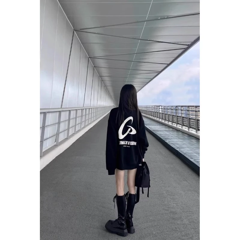 黑色字母卫衣女秋冬季加绒oversize潮牌美式复古宽松慵懒圆领上衣