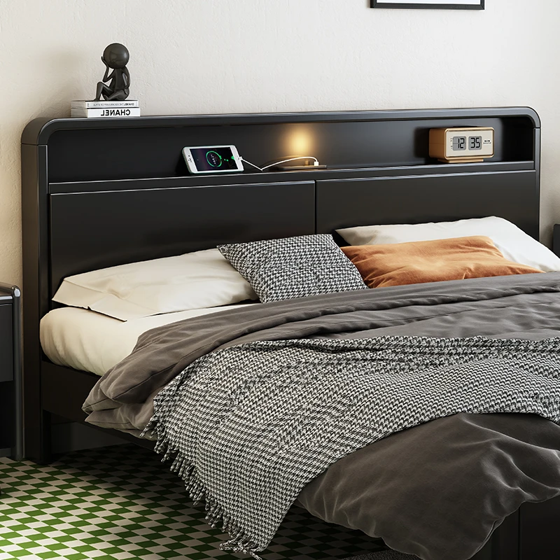 北欧复古实木藤编床主卧1.8m双人床法式黑色侘寂风床中古风储物床