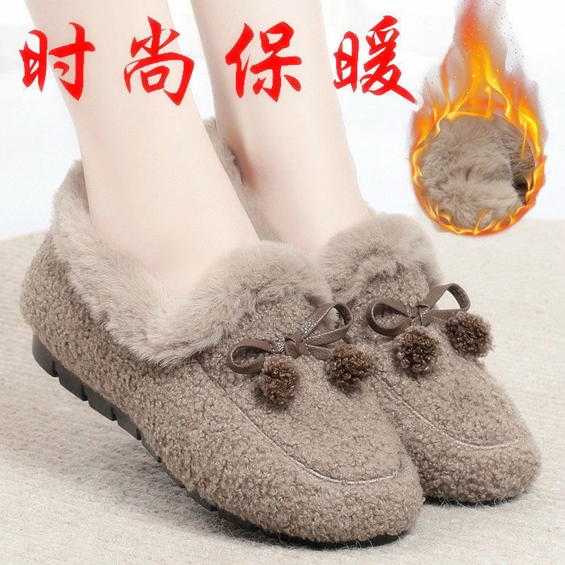 秋冬季网红时尚软底豆豆鞋防滑保暖百搭女士鞋外穿毛毛鞋加绒加厚