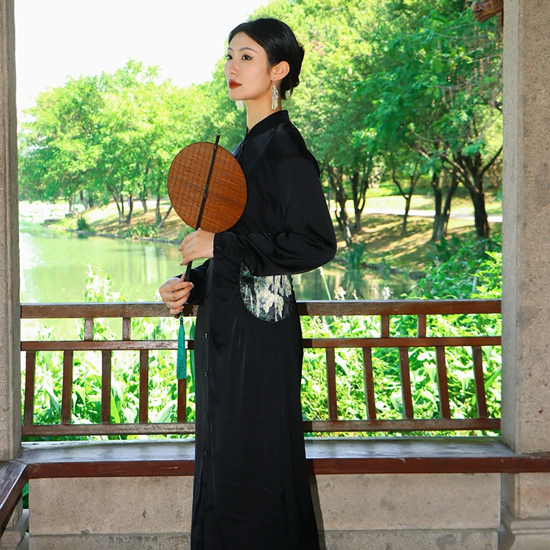 旖旎云裳【南笙】设计师款长裙2023秋季黑色新中式国风复古民族风