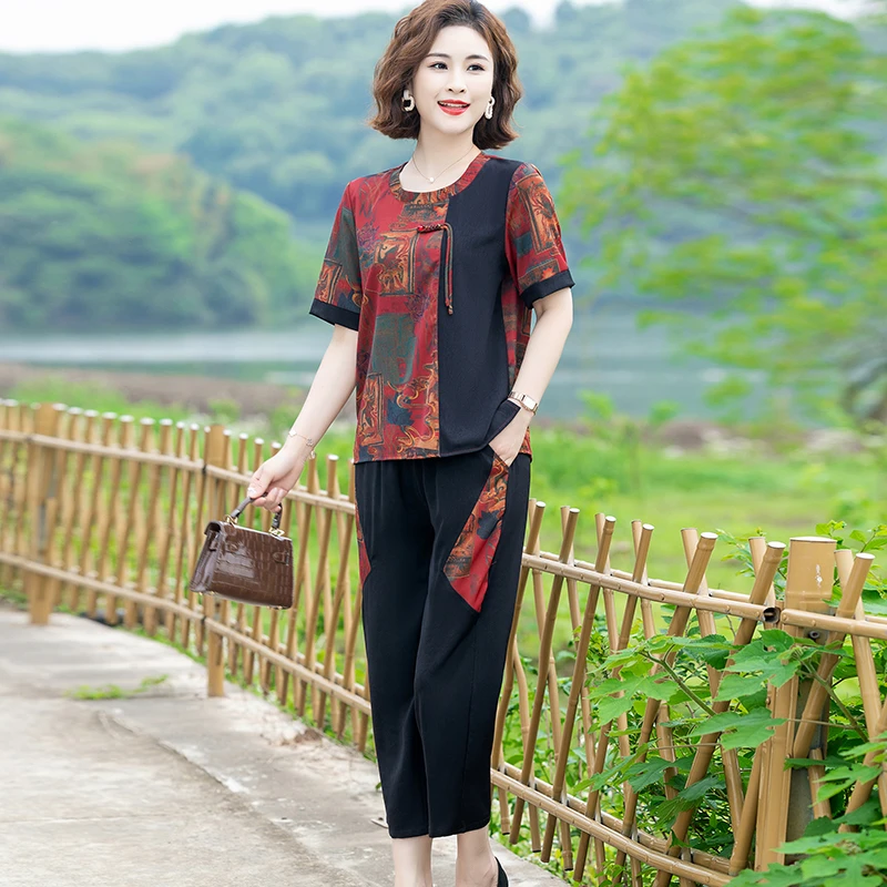 妈妈装夏装洋气奶奶装清凉舒适小衫宽松套装中老年人夏季两件套装