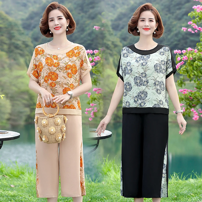 妈妈装夏装短袖T恤套装洋气2023新款中老年人夏季时尚气质两件套