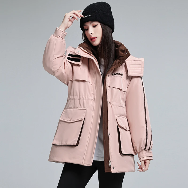 2025新款棉服女中长款拼色工装宽松克服收腰显瘦加厚棉衣外套潮