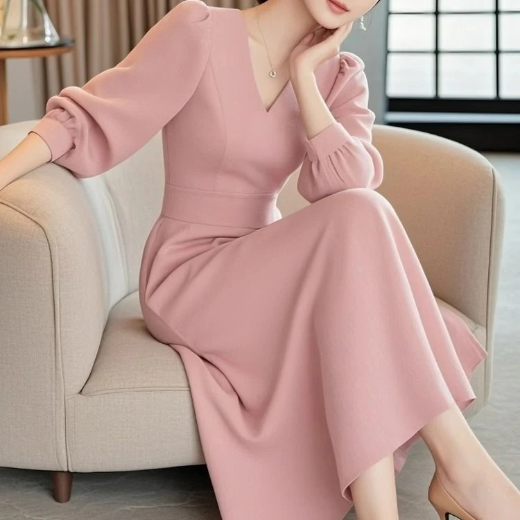 安可拉红法式极简风小众优雅粉色v领长袖连衣裙时尚秋冬收腰裙子