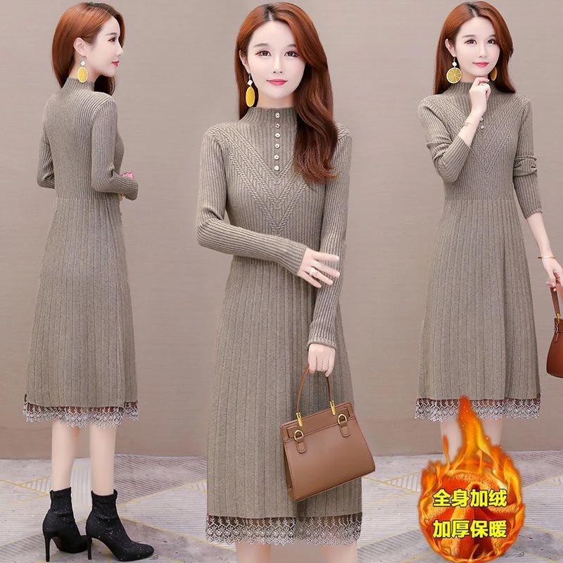 加/不加秋冬毛衣裙中长款打底裙女大码宽松厚过膝连衣裙小众韩版