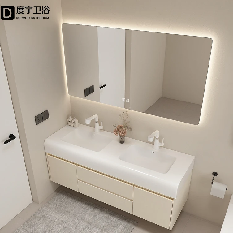 【双盆浴室柜】多层实木奶油风肤感一体盆组合卫生间洗脸洗漱台7308