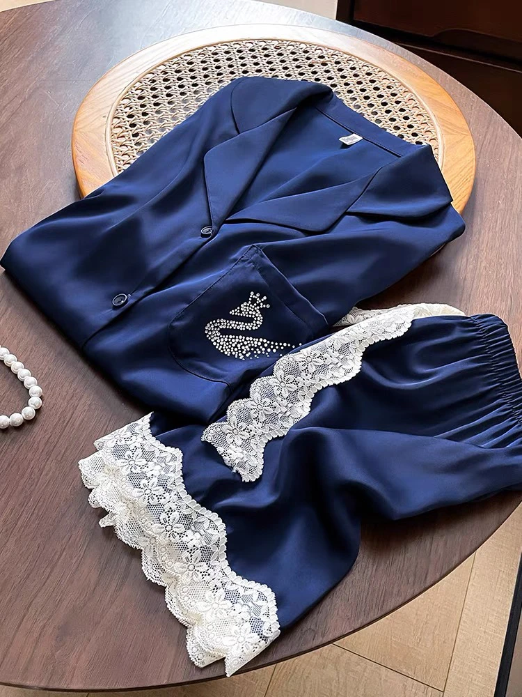 春夏睡衣女套装夏季薄冰雪丝蕾丝开衫短袖韩系甜美家居服可外穿