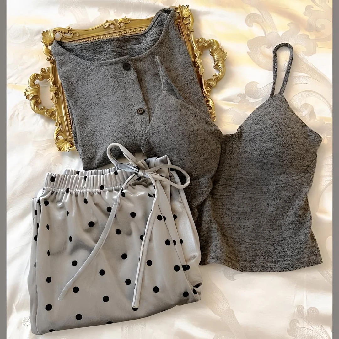 新品法式睡衣吊带三件套女春秋季带胸垫波点长裤可外穿家居服套装