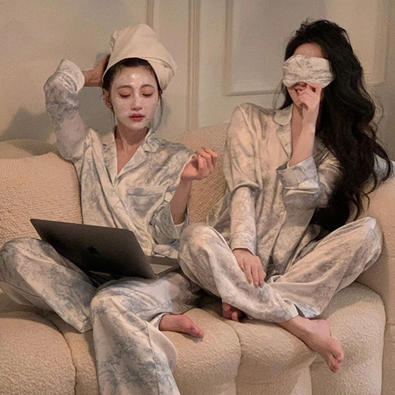 轻奢水墨水光绸缎面冰丝睡衣女秋冬冰丝长袖长裤春秋高级感家居服