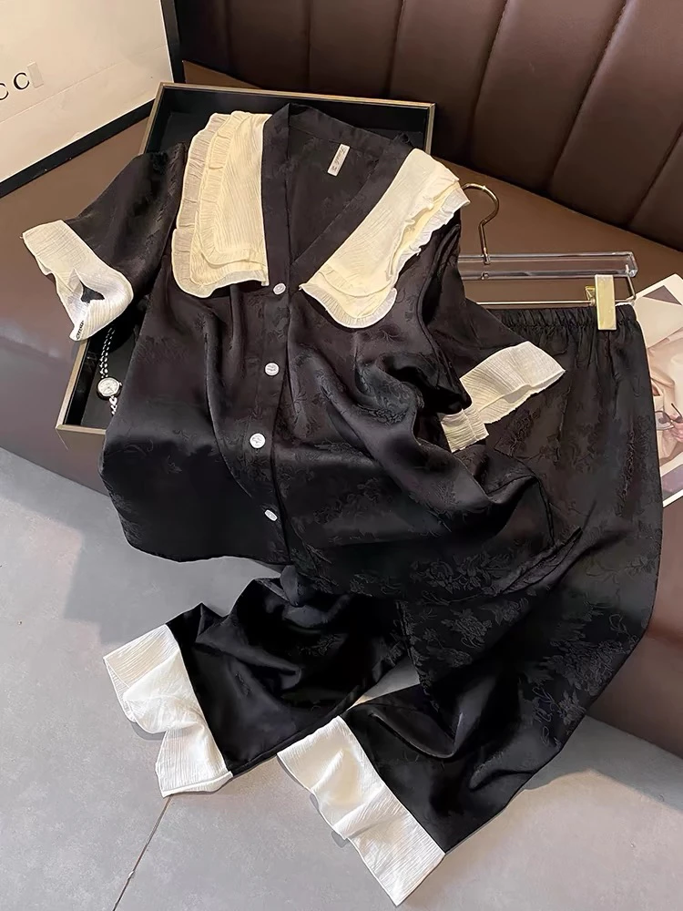 高级感小香风冰丝夏季甜美睡衣女短袖长裤法式宫廷公主家居服黑色