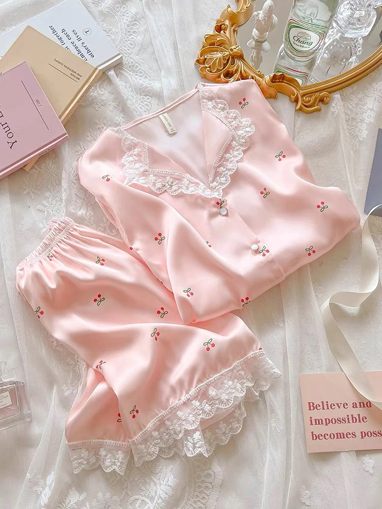 粉色系高级感短袖短裤仿真丝睡衣女夏天可外穿韩系家居服套装薄款