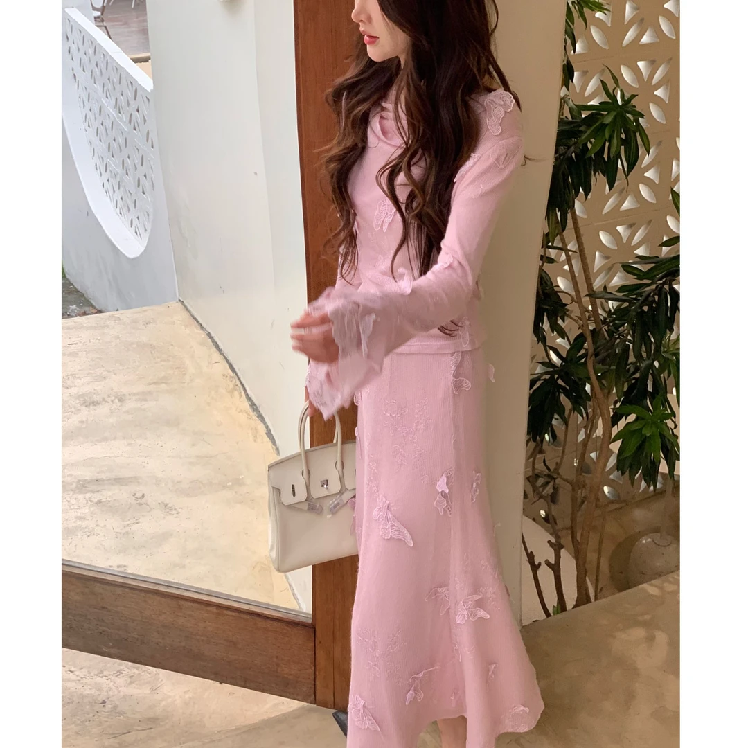 【花镜之约】温柔风粉色蝴蝶针织两件套