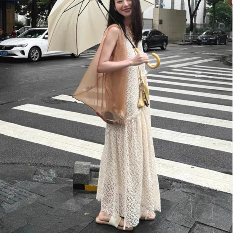【小雏菊】法式超仙繁花刺绣无袖连衣裙女夏季高级感长裙子