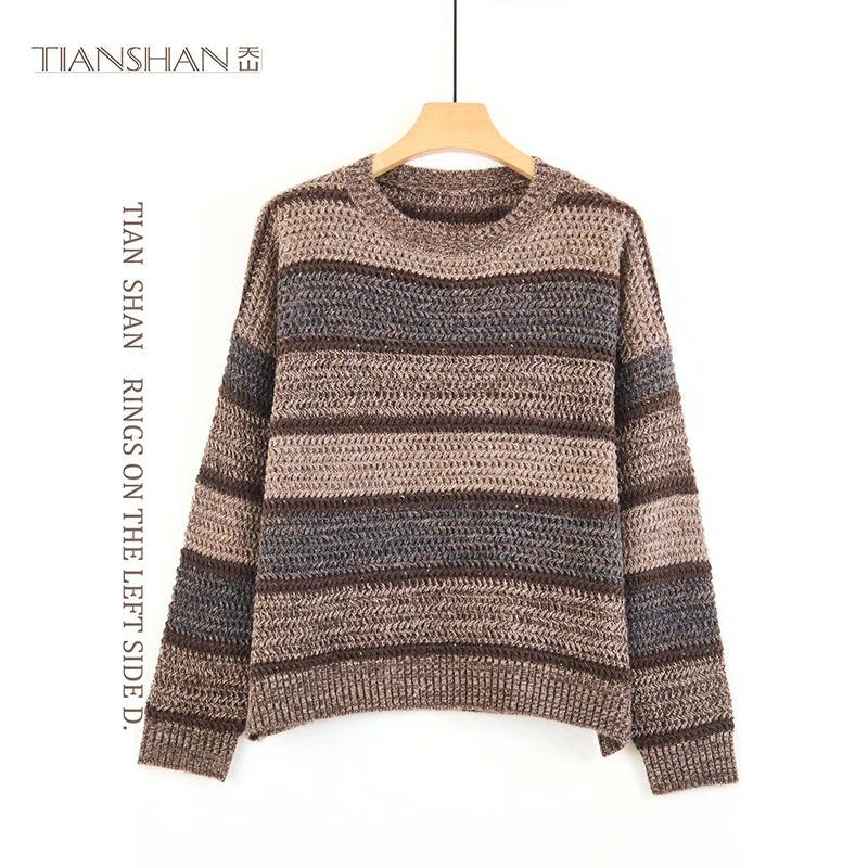 天山【品牌】新款简约长袖时尚条纹园领宽松针织衫-YTNL5302T